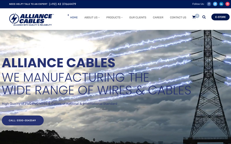 Alliance Cables<br>
Alliance Cables is the fastest growing company manufacturing a wide range of wires & cables. The company was established in 1986 has a well known name among the cable industry in Pakistan and it has been used in many industrial and domestic projects.
Tools and Technologies: Frontend and Backend Development build in PHP, MySQL, Jquery, HTML5, CCS3, Bootstrap, API Integration