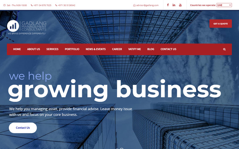 Gadlang Management consultants<br>
Gadlang is a Management Consulting firm set out to catalyze business productivity. We work with executives to help make informed decisions, convert those decisions to actions and deliver the unimpaired success they desire. We are passionate about achieving better outcomes for our clients a payoff that goes beyond just financials.
Tools and Technologies: Frontend and Backend Development build in PHP, MySQL, Jquery, HTML5, CCS3, Bootstrap, API Integration