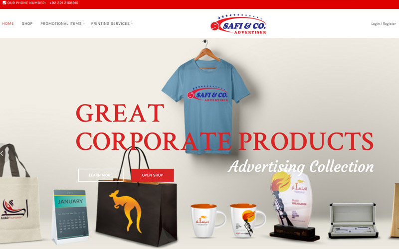 SAFI & CO.<br>
Safi & Co. – Delivers the creative promotional products and custom giveaways services in Pakistan with the best quality and standards which create strong positive impact. We satisfy our clients with our high quality services and fast productions.
Tools and Technologies: Frontend and Backend Development build in PHP, MySQL, Jquery, HTML5, CCS3, Bootstrap, API Integration